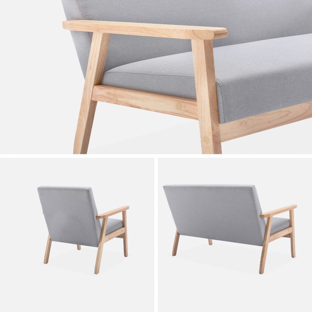 Set panca e poltrona in legno e tessuto, 3 posti, grigio chiaro