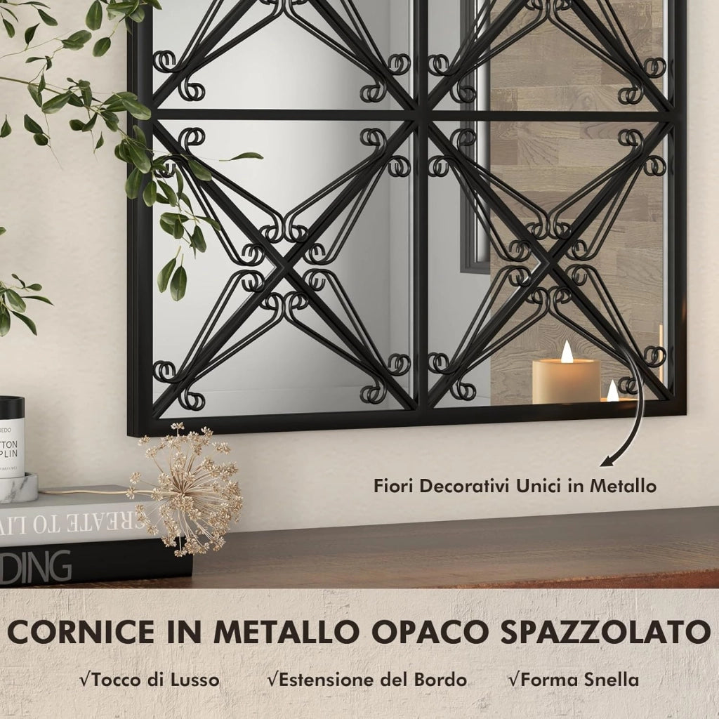 Specchio Ad Arco, Specchio da Parete 58 x 87cm con Cornice in Metallo, Specchio Decorativo a Finestra per Soggiorno Ingresso Camera da Letto e Bagno