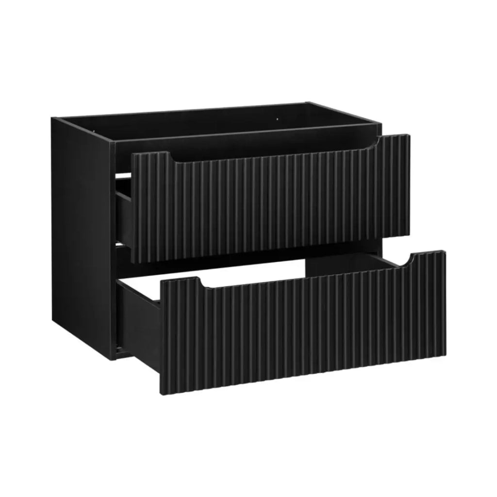 Set VANO 110cm: mobile sottolavabo con cassetti + piano per lavabo + lavabo da appoggio scanalato bianco + colonna