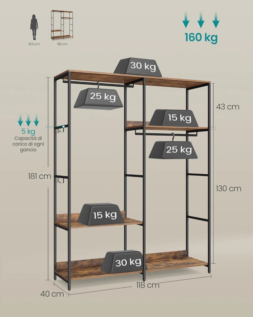 Guardaroba, Stand Appendiabiti, Armadio Aperto con Aste per Appendere, Ripiani Portaoggetti, Ganci Rimovibili, 118 x 40 x 181 cm, Marrone Vintage RGR025B01