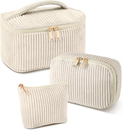 Set di 3 piccole borse per trucco – Organizzatore multifunzionale per cosmetici – Tela corduroy – Con cerniera metallica e tasche – Beige (#5)