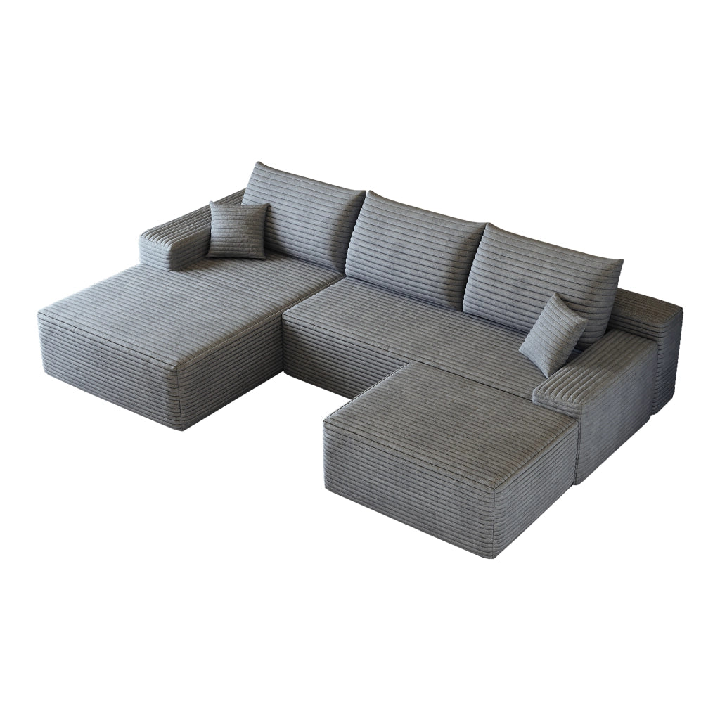 Divano angolare modulare con chaise longue a L e seduta profonda in tessuto grigio