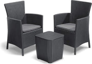 Set di balcone 3 pezzi con cuscino inclusivo, finitura grafite/ grigio freddo, con look di rattan in plastica.