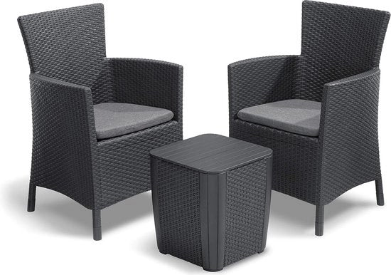 Set di balcone 3 pezzi con cuscino inclusivo, finitura grafite/ grigio freddo, con look di rattan in plastica.