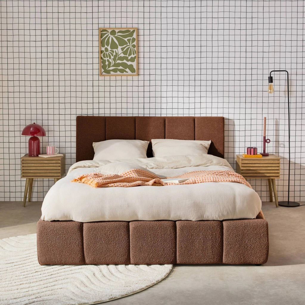 Letto contenitore con rete a doghe e testiera 160x200cm, bouclé ,