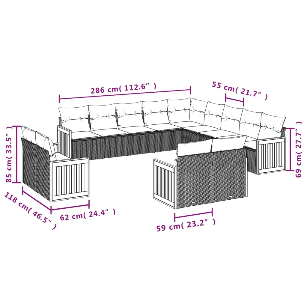 Set Divani da Giardino 13pz con Cuscini Nero in Polyrattan 3228205