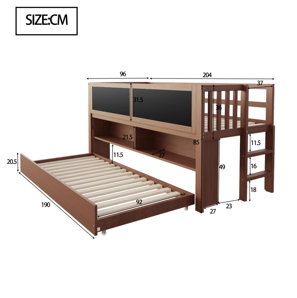 Letto per bambini 90x200 cm con letto estraibile; lavagna e ripiani aperti marrone