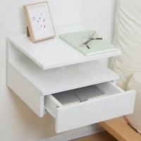 Set da 2 Comodini Moderni Sospesi con Cassetto e Mensola in Legno 35x32x22.5cm, Bianco Lucido