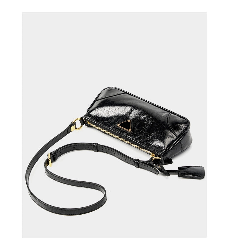 Borsa a tracolla da donna in vera pelle, modello Crescent, alla moda, colore nero.
