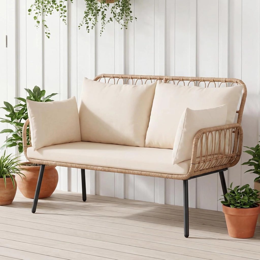 Divanetto da Giardino 2 Posti, Divano da Esterno in Rattan con Cuscini Morbidi e Piedini Regolabili, Portata 300 kg, Panca da Giardino per Terrazza e Bordo Piscina, 118 x 62 x 81 cm