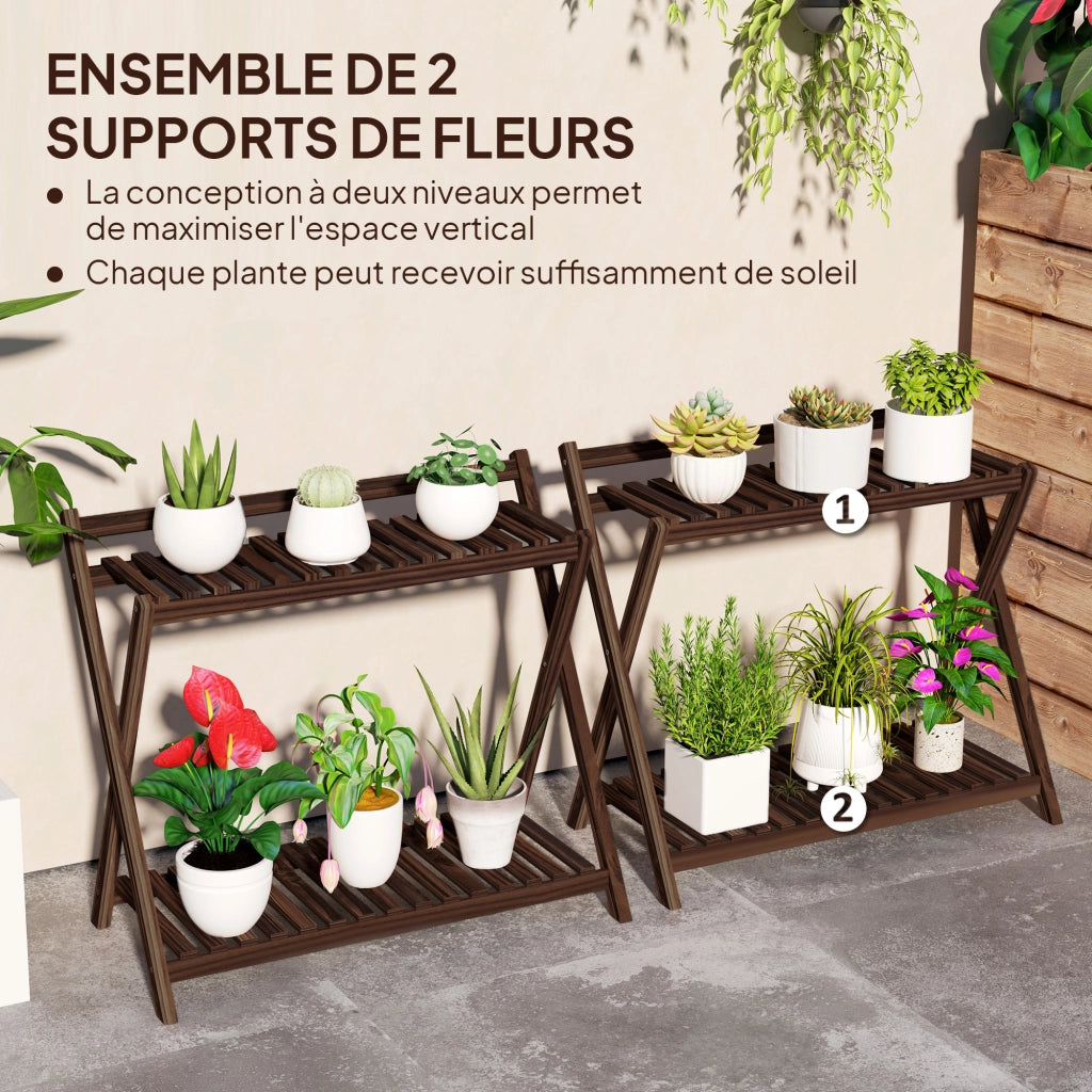 Supporto per piante a 2 livelli con scaffali posteriore ¨C Minimal ¨C 73x36x64 cm marrone