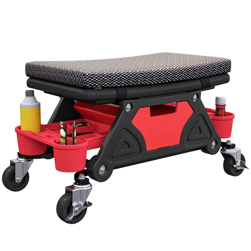 Sgabello da officina con ruote girevoli a 360°, sedile per meccanico con cassetto e vassoi, capacità 135 kg, 64,5 x 33 x 35 cm, nero