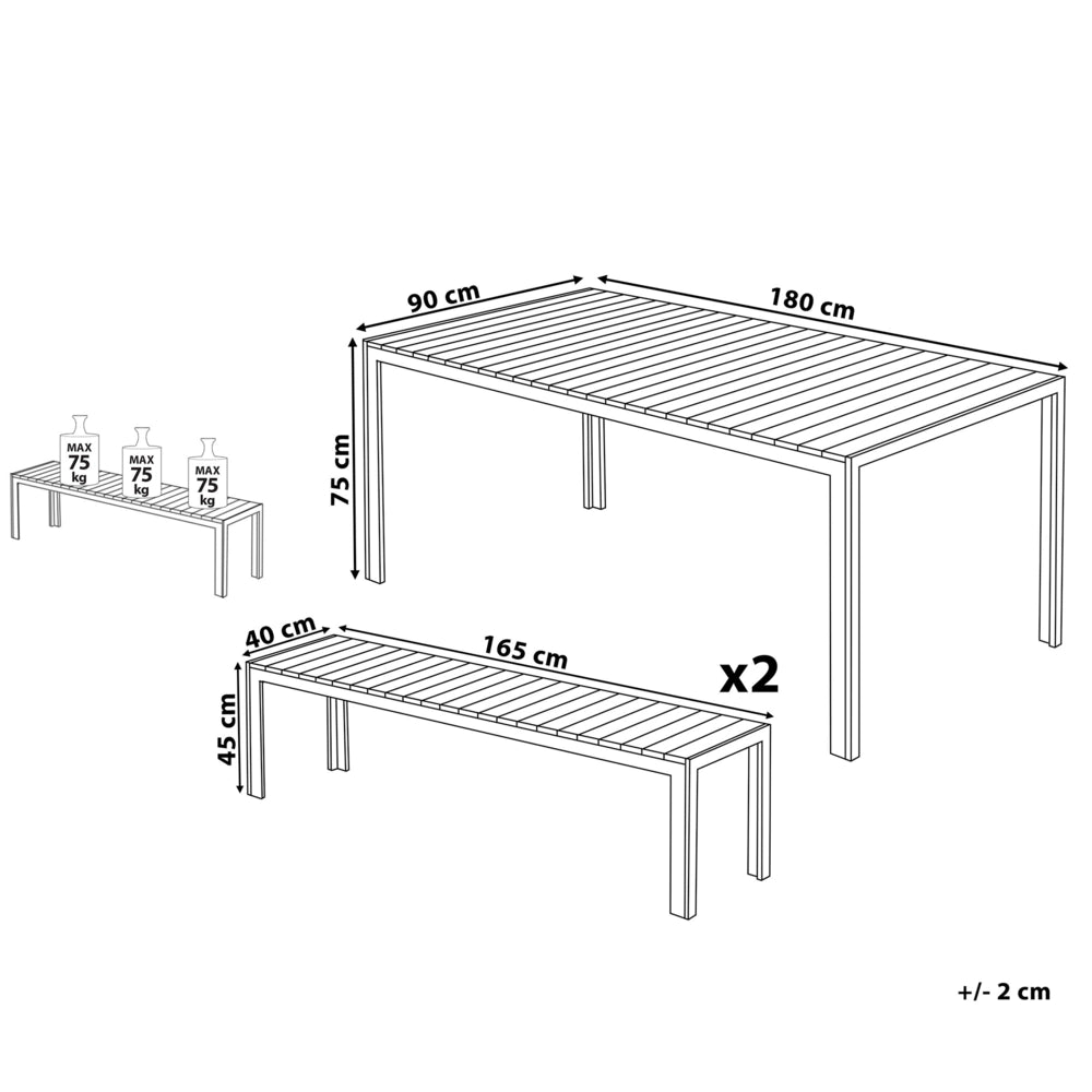 Set da Pranzo da Giardino Tavolo Rettangolare 2 Panche Telaio Alluminio anodizzato nero esterno terrazzo