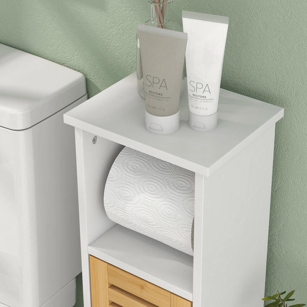 Mobile da Bagno 21x17x78 cm con Porta Rotolo di Carta Igienica e Armadietto in Bambù e MDF Bianco