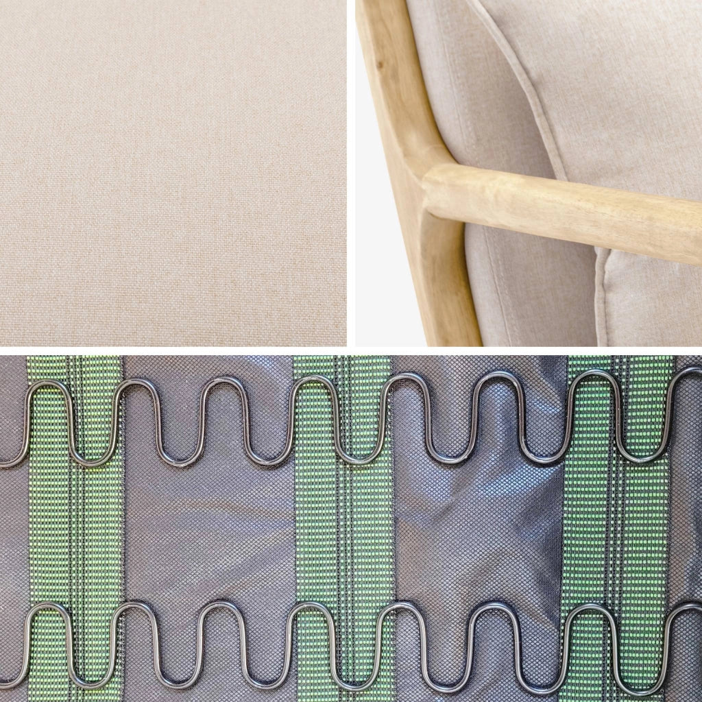 Poltrona scandinava a dondolo in legno e tessuto con braccioli, beige