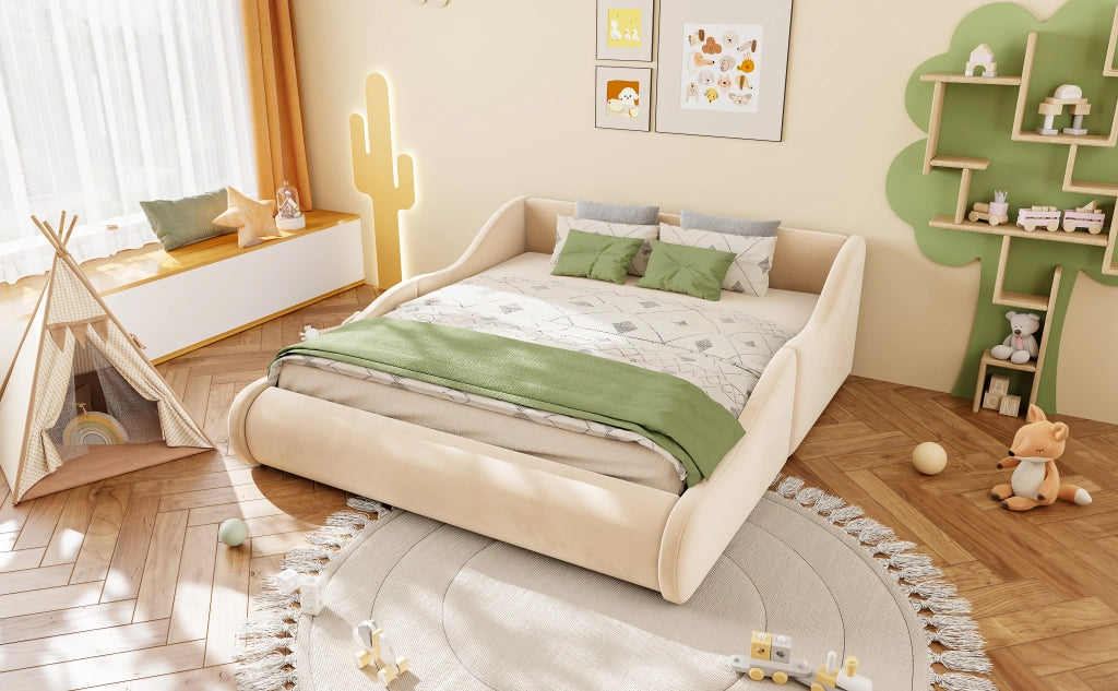 Letto imbottito per bambini con testiera alta e sponde, 140x200 cm, velluto beige