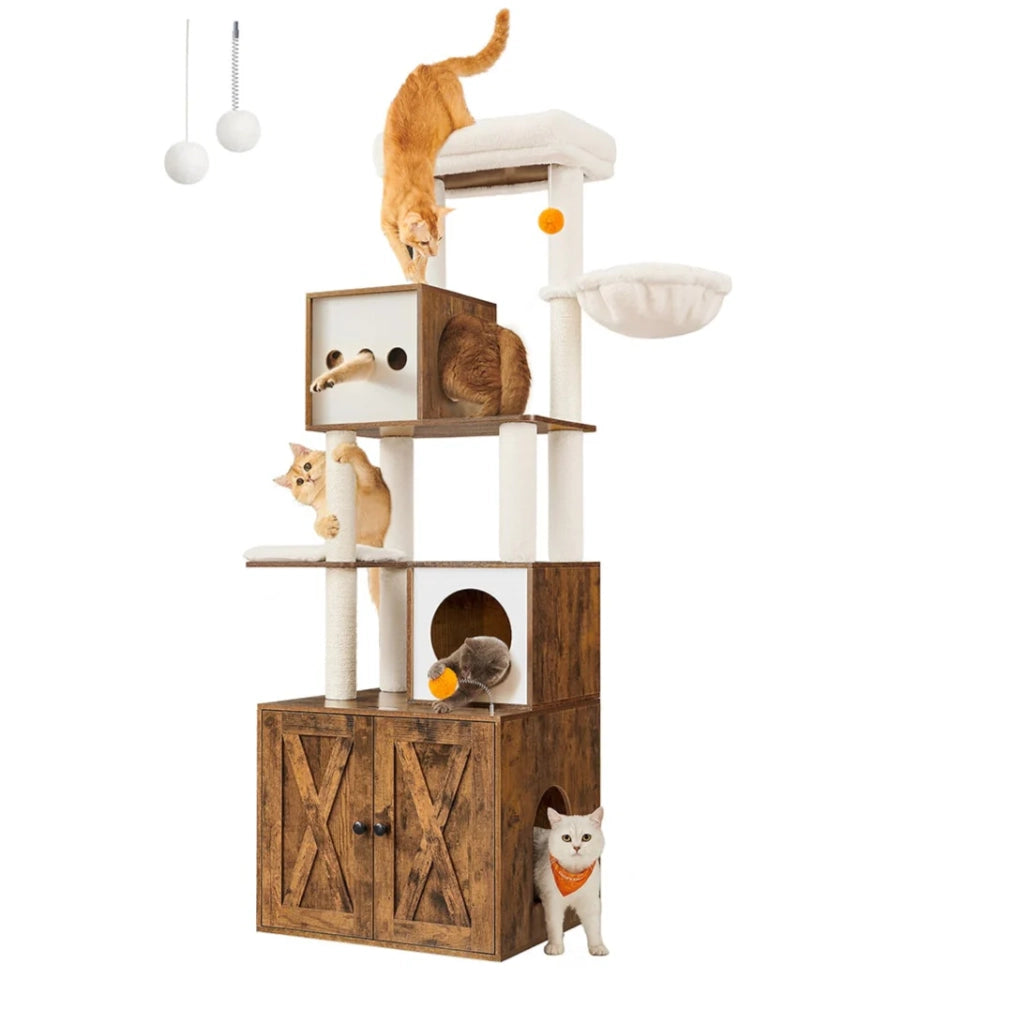 Tiragraffi moderno con copertura per lettiera torre gioco tiragraffi con lettiera 185 cm nascondiglio piattaforma tappetini lavabili beige 12_0003866