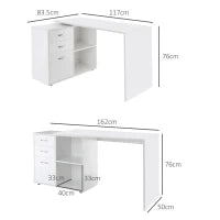Scrivania Angolare per PC con 2 Cassetti e Ripiani Aperti, Scrivania ad Angolo Forma a L in Legno e Metallo, 117x83.5x76 cm, Bianco