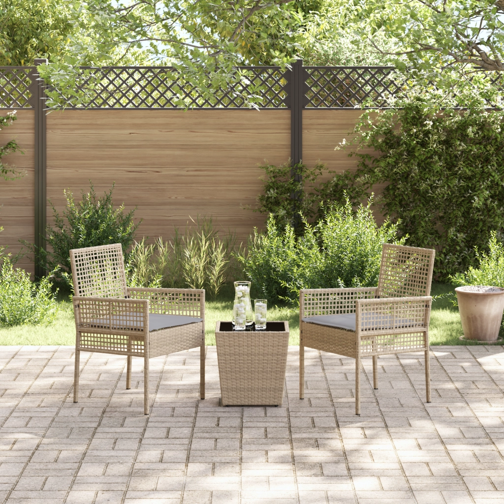 Set Bistro da Giardino 3 Pezzi con Cuscini Beige in Polyrattan