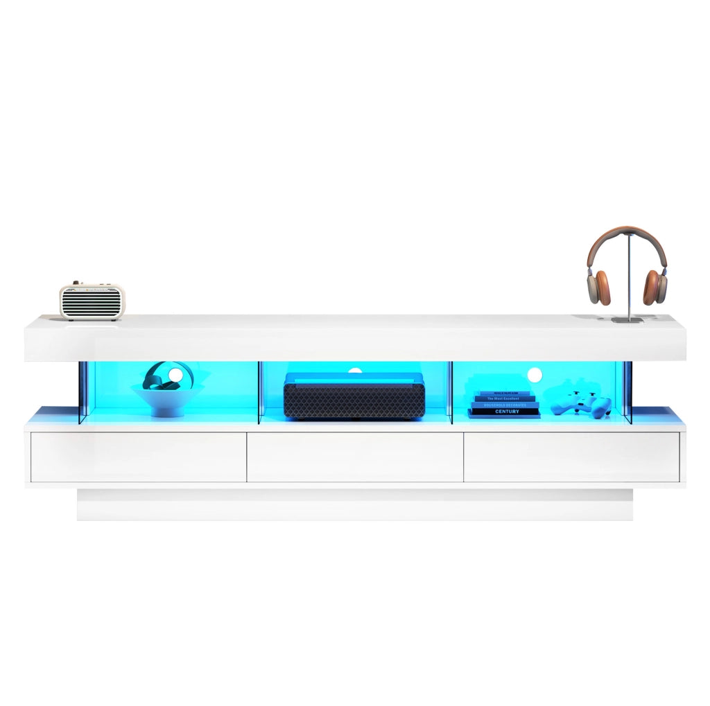 Mobile TV 160x38x50.5 cm con 3 ripiani in vetro e LED controllabile tramite app in truciolato bianco