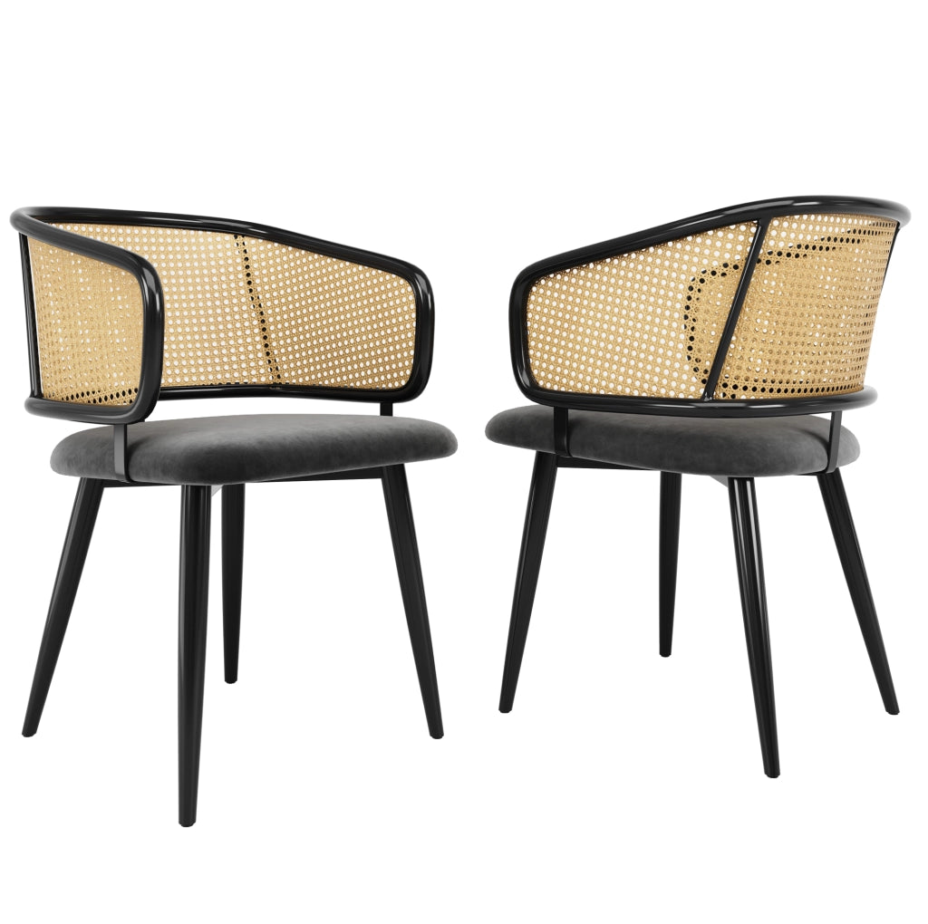 Sedia da pranzo con schienale in rattan e seduta in velluto grigio