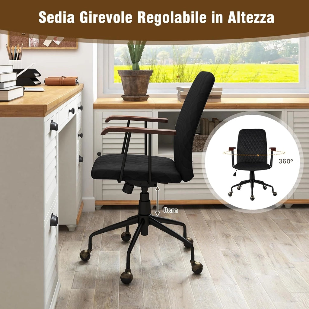 Sedia Girevole in Velluto, Sedia da Ufficio con Altezza Regolabile e Schienale, con Braccioli in Gomma e Ruote in Rame, Carico Massimo 150 kg (Nero)