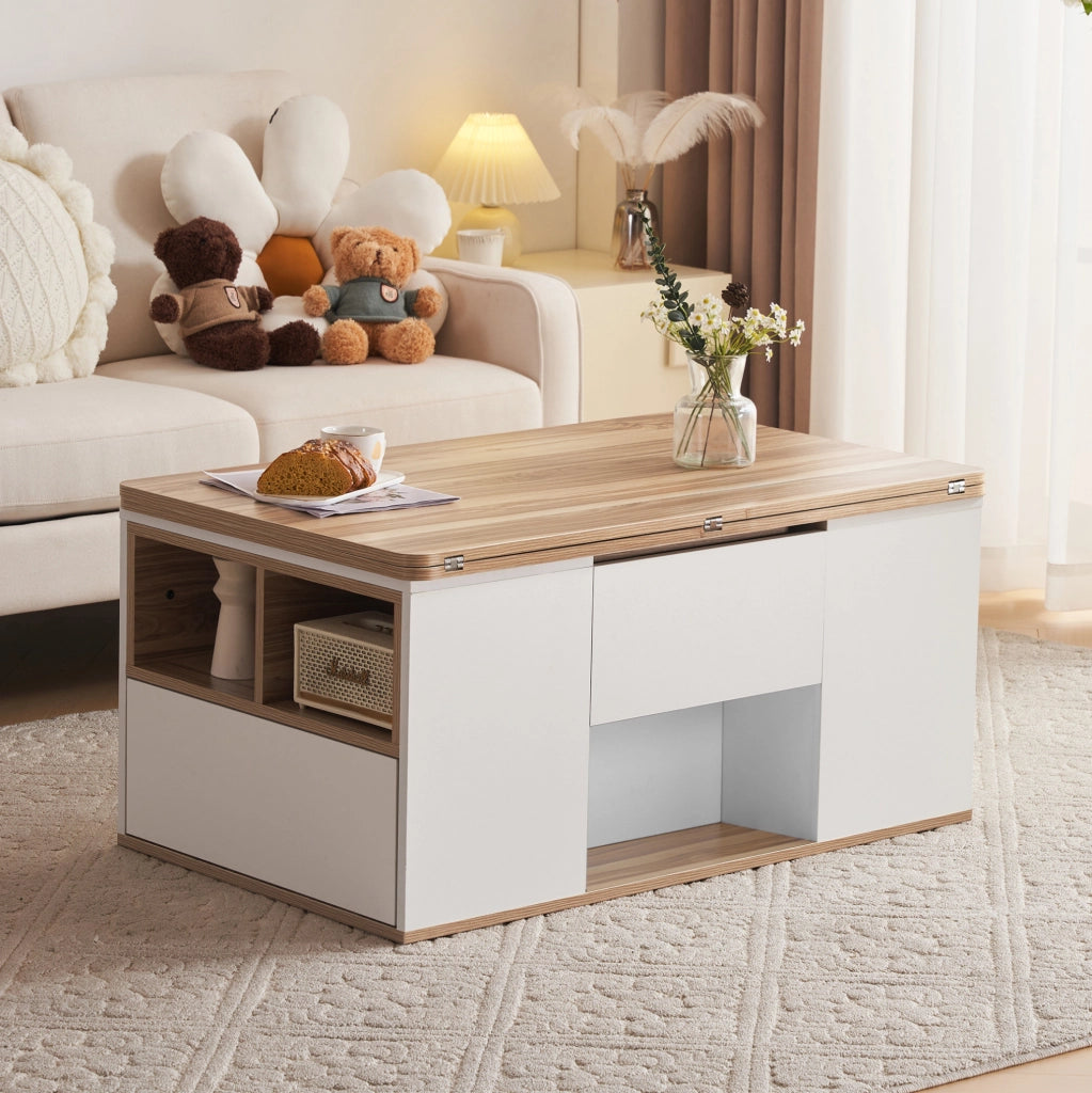 Tavolino da salotto sollevabile 100x51x47 cm in truciolare bianco e legno naturale