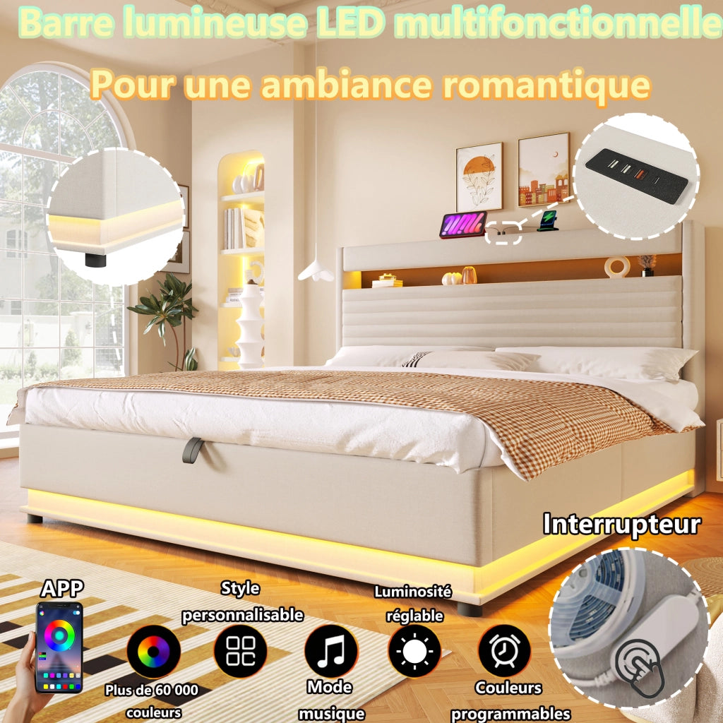 Letto Contenitore 180x200 cm con USB Tipo C; LED e testiera imbottita in lino Beige