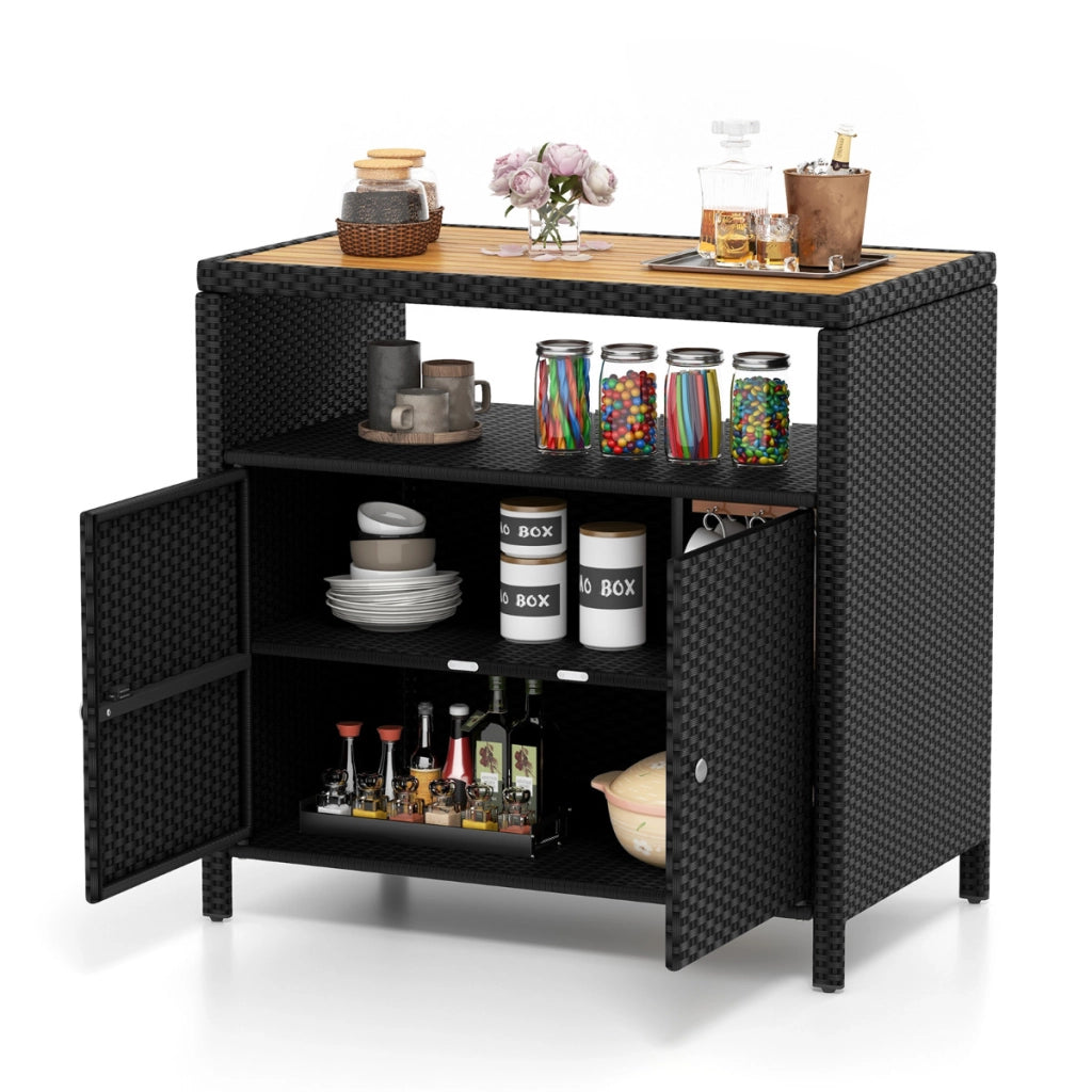 Armadietto portaoggetti in rattan con piano in legno di acacia-Mobile buffet per esterni con armadio a 2 ante Nero