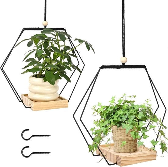 Sospensioni per piante - 2 pezzi di sospensione fiori con base in legno - nero - inclusi ganci di appoggio per interni ed esterni