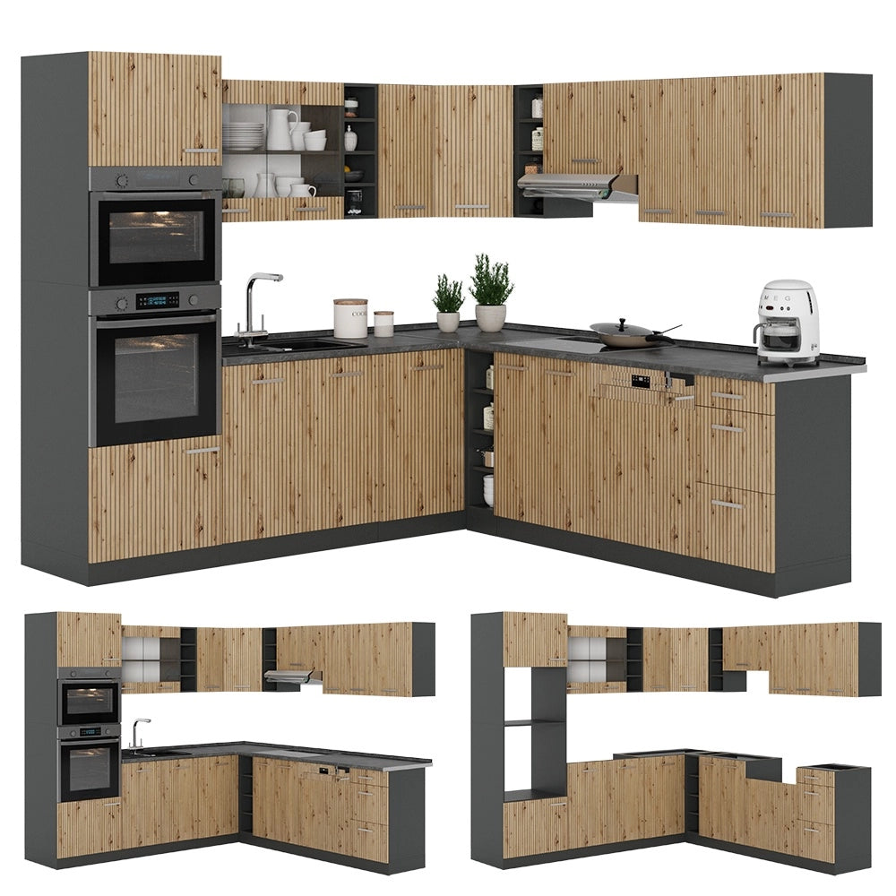 Cucina angolare completa R-Line Rovere artigianale/Antracite 247 x 237 cm, PL Rovere Vicco