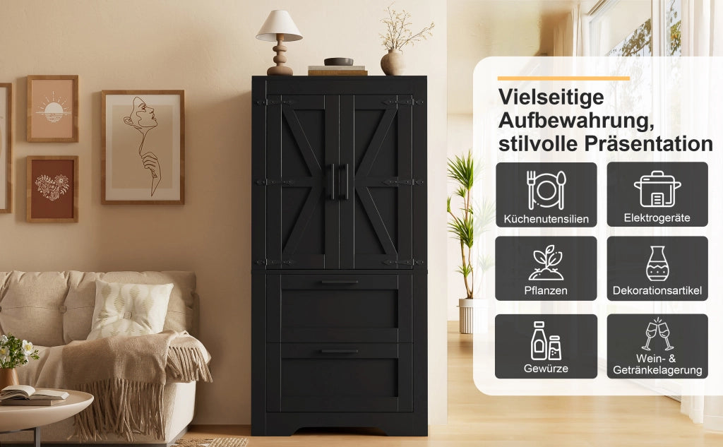 Credenza alta in stile rustico con 2 cassetti e ripiani regolabili per cucina, soggiorno e sala da pranzo in MDF nero