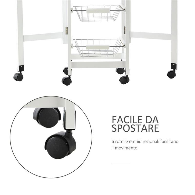 CARRELLO DA CUCINA CON TRE CESTINI E CASSETTO 37X37X77.5 CM BIANCO E LEGNO