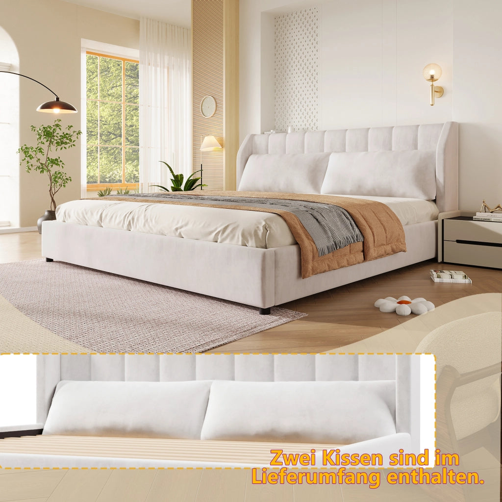 Letto matrimoniale imbottito 180x200 cm in stile francese con testiera capitonné; rete a doghe e velluto beige