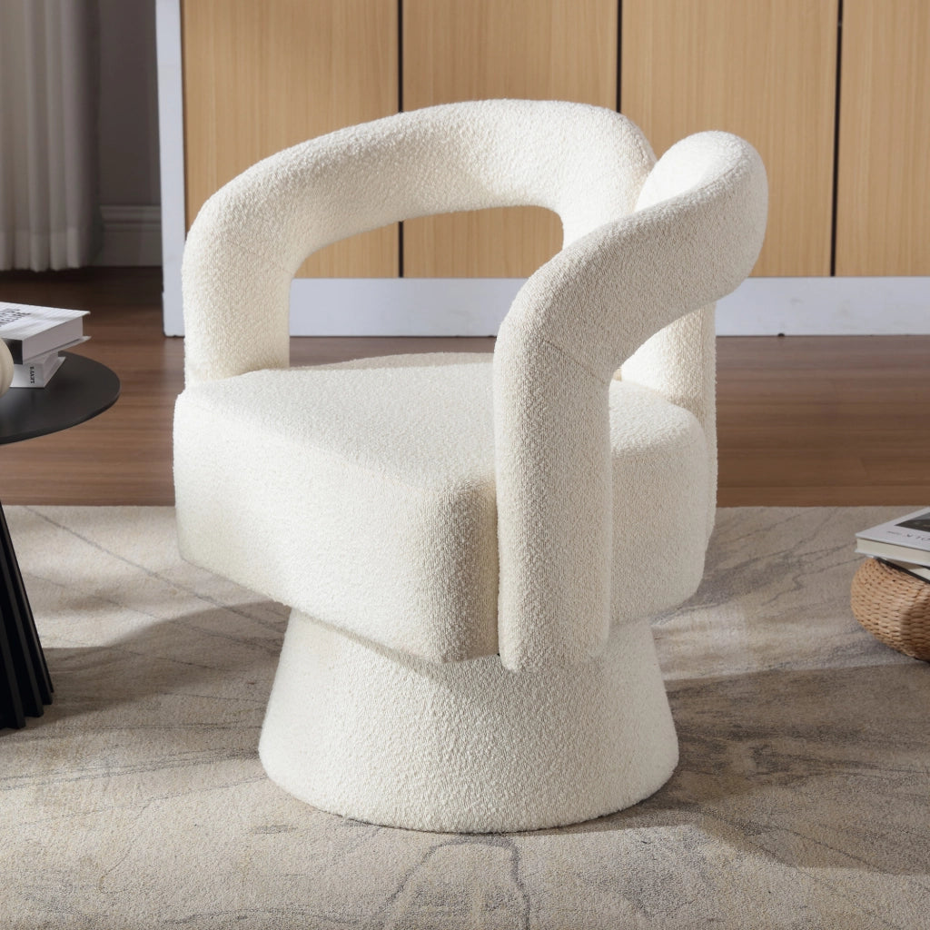 Sedia girevole 360° in Bouclé beige con seduta imbottita e base in metallo