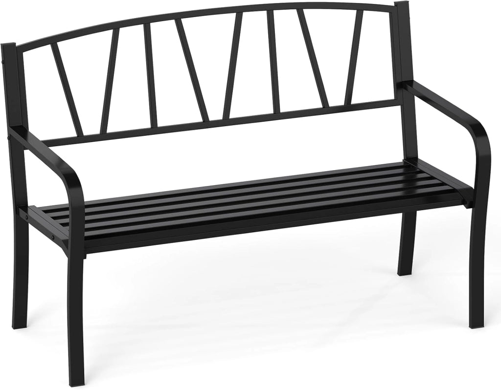 Panca esterna da giardino, seduta a doghe per 2-3 persone, capacità 300 kg, schienale semplice, braccioli curvi, panca da giardino in metallo robusto per terrazza, parco (128 x 60 x 86 cm)