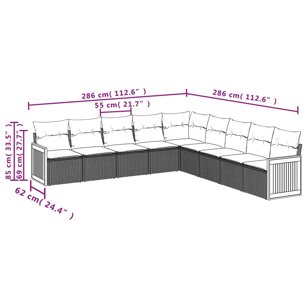 Set Divani da Giardino 9 pz con Cuscini Nero in Polyrattan 3227736