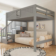 Letto a soppalco 140x200 cm in legno grigio con scala laterale reversibile e vani contenitore