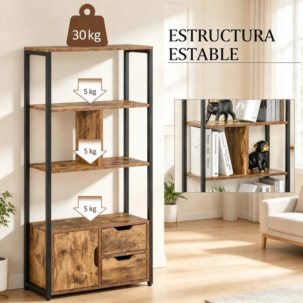 Libreria 58x24x122 cm nera e legno， con vano aperto e chiuso