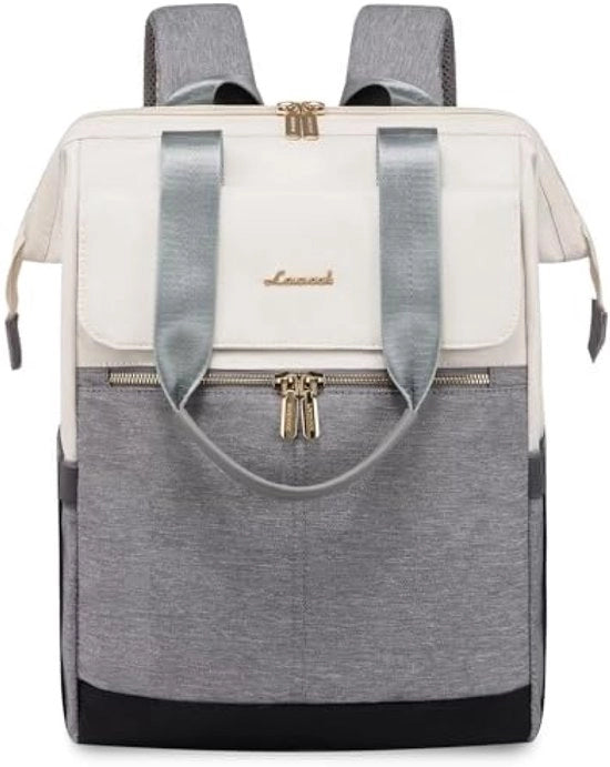 Rugzak impermeabile per laptop da 17.3 pollici, con più tasche, colore beige e grigio