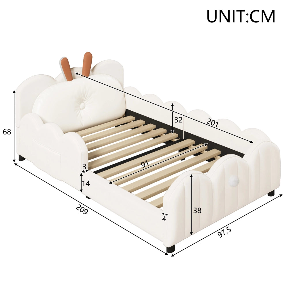 Letto a piattaforma imbottito 90x200 cm beige con testiera a forma di coniglietto e sponde protettive