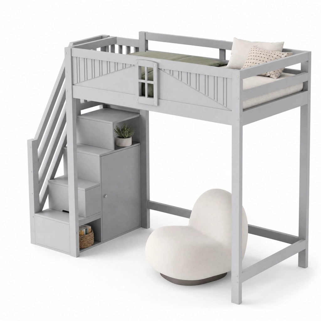 Letto a soppalco in legno massello 90 x 200 cm con scala laterale reversibile, vano contenitore integrato e protezione a finestra, grigio