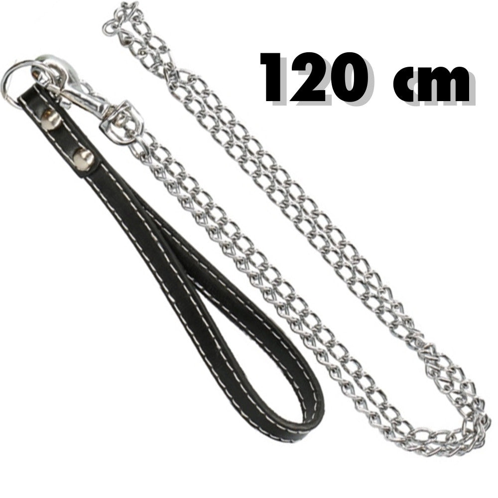 Trade Shop - Catena Per Cane Guinzaglio Cani 120cm Con Gancio Acciaio E Maniglia In Cuoio -