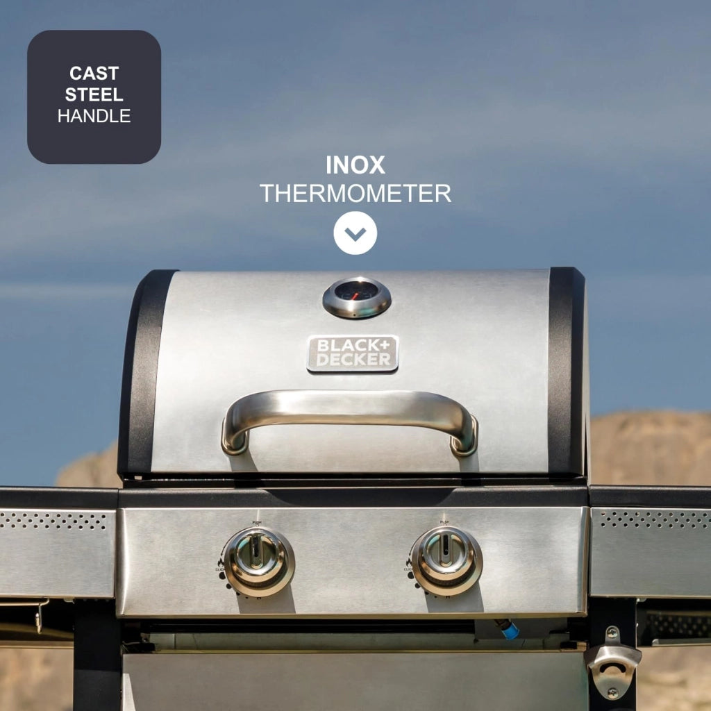 Black + decker bxog7200e barbecue inox a gas gpl con 2 bruciatori e ripiani laterali