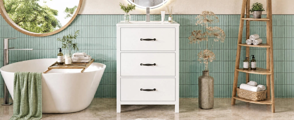 Mobile sottolavabo con lavabo in ceramica, 3 cassetti e vani contenitore, per bagno, bianco, 61 × 47 × 83 cm