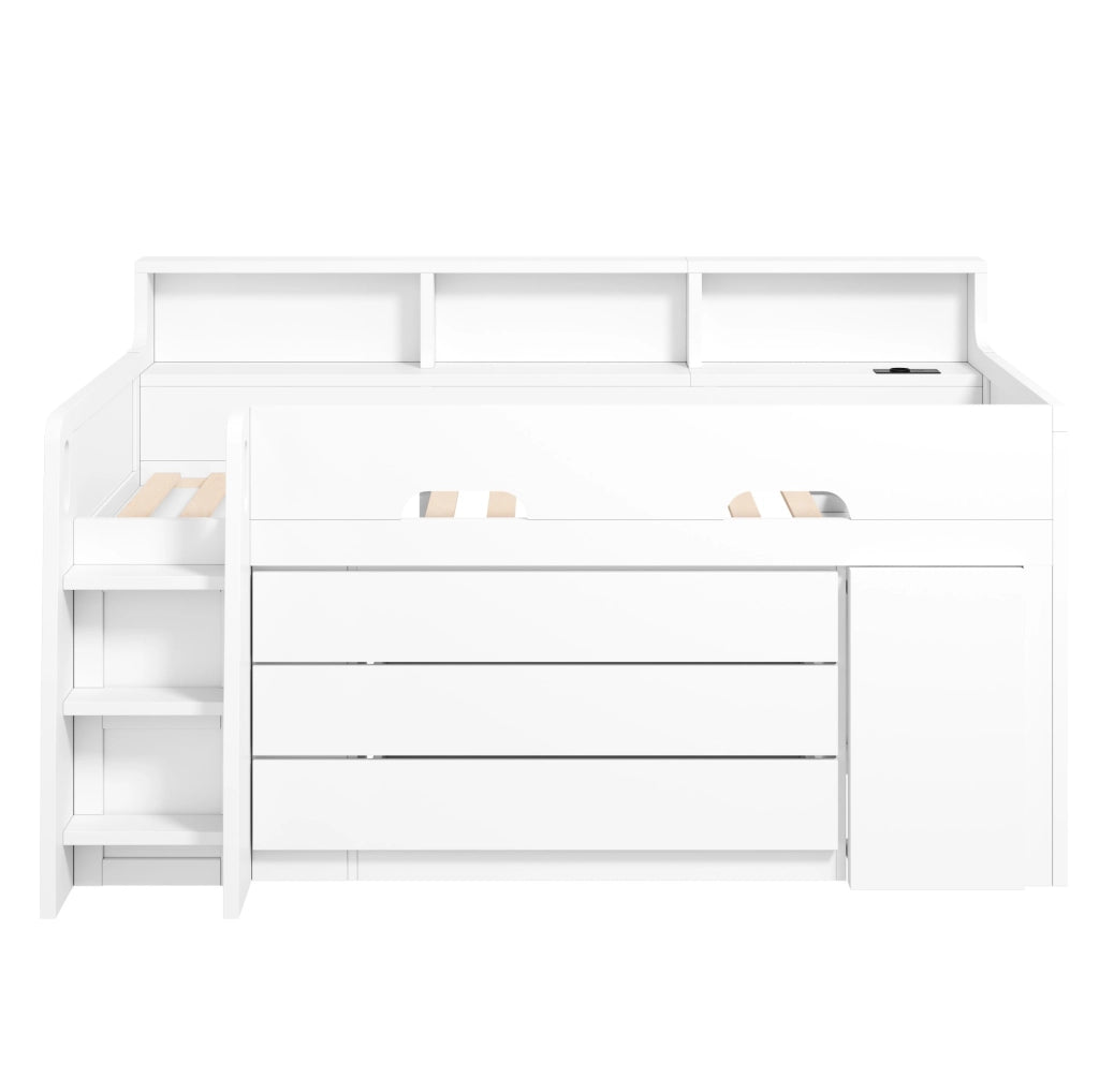 Letto a soppalco basso 90x200 cm con 3 cassetti; scrivania mobile; LED e ripiani; bianco