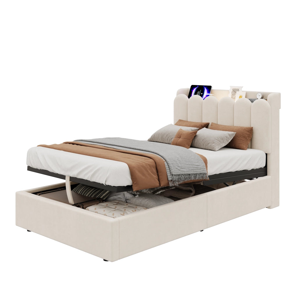Letto singolo per bambini con contenitore idraulico, rete a doghe, testiera imbottita, porte USB e Type-C, velluto beige