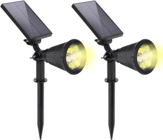 Due lampade solari per esterno con base a terra, batteria 1800 mAh e illuminazione solare a luce calda bianca