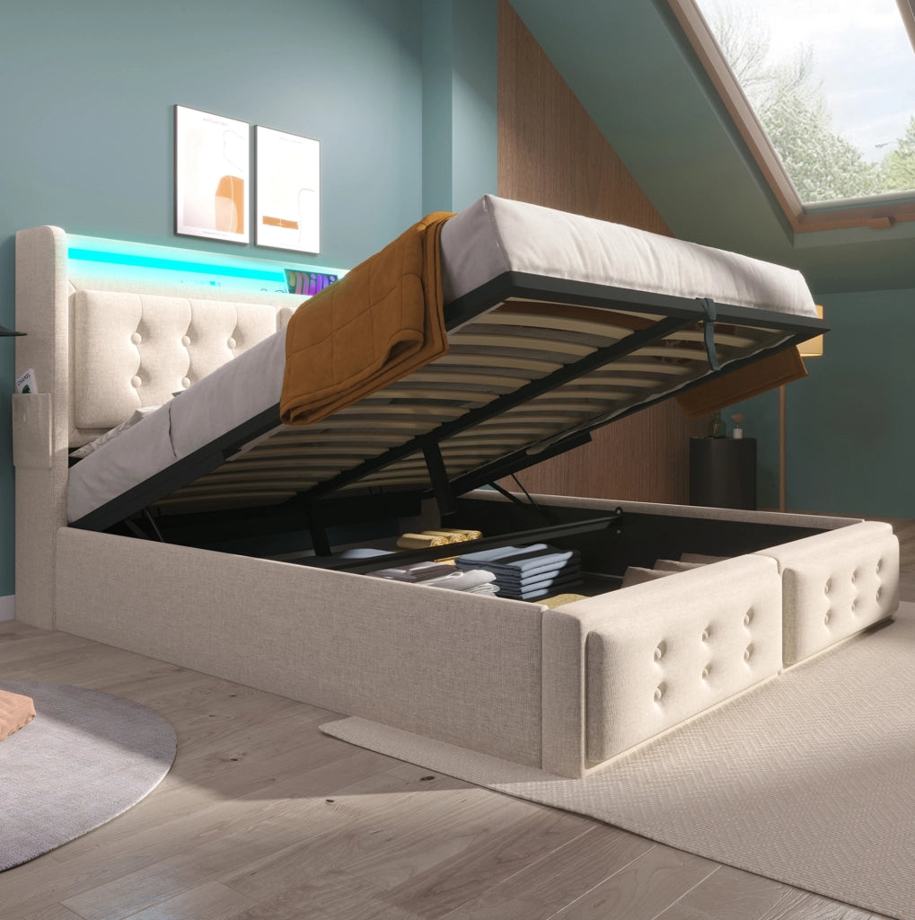 Letto matrimoniale 180x200 cm beige con LED, prese USB e vano contenitore