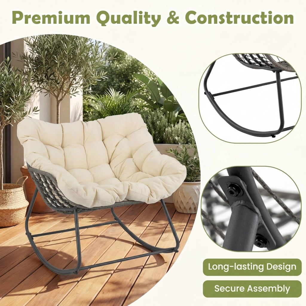 Sedia a Dondolo con Cuscino, Sedia da Relax Ampia e Avvolgente, con Struttura in Metallo, Seduta in Rattan, Cuscino Morbido Imbottito, per Soggiorno, Studio, Balcone, Nero (Beige)